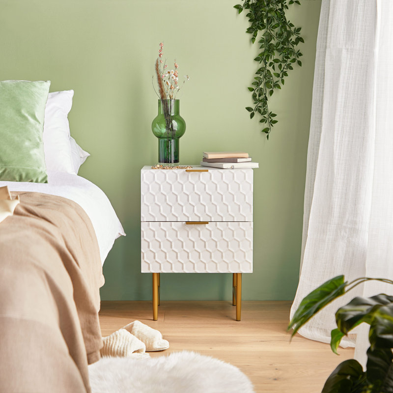 Etta Avenue Mccarty White/Gold Bedside Table 2 Drawer Geometric Design